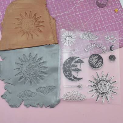 Cartoon Sun Moon Star Embossed Texture Stamp, Ceramic Cup Jar Plate DIY Making Tool, Soft Clay Sculpture Creative Gift Mold, Reusable Embossing Pattern Imprint Mold