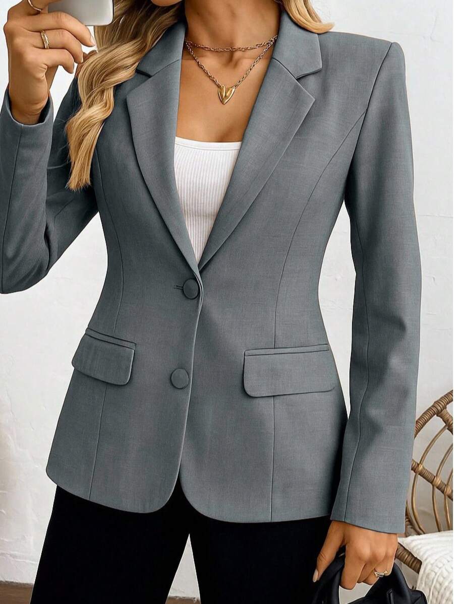 Kliou Fashion Slim Structured Blazer For Women With 2 Buttons, Simple, Elegant, Casual, Faux Pocket, Unlined, No Shoulder Pads - Màu Xám nhạt - Xem 1