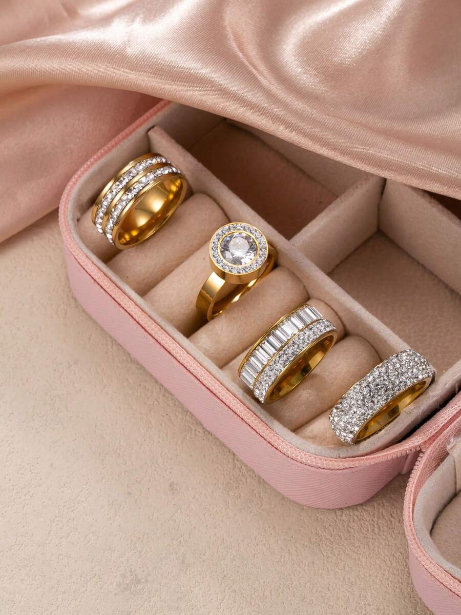 Set de 4 anillos de mujer de acero inoxidable con diamantes de imitación, adecuados para uso diario, festivales, citas, compromisos, bodas, salidas y fiestas - Dorado - Ver 1