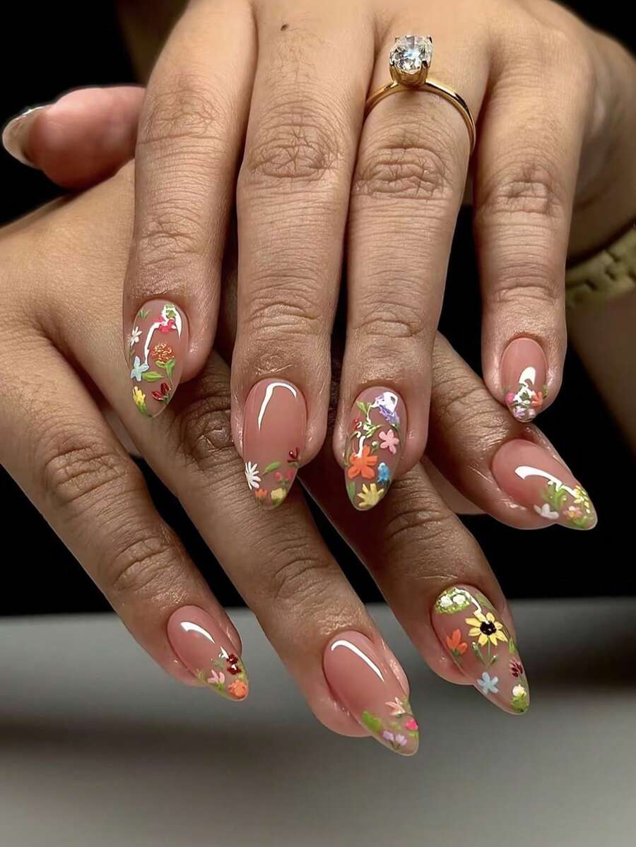 24pcs Medium Colorful Flower Pattern Glossy Full Cover False Nails, Suitable For Women & Girls Wear In Spring - Multicolor - View 1