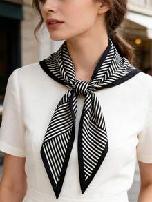 1条时尚简约复古黑白条纹三角围巾，适合日常办公、度假及其他场合。 - 白色 - 查看 4