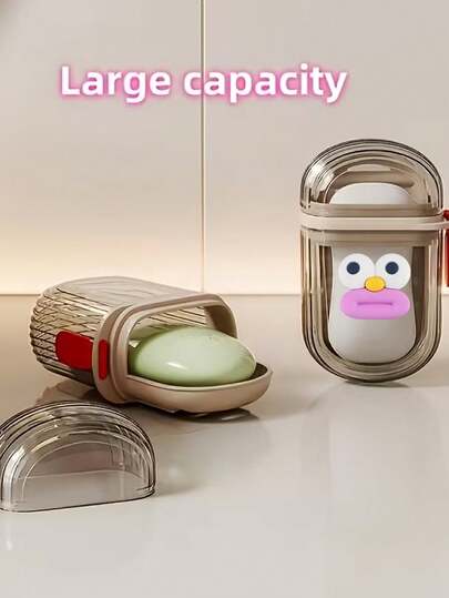 1pc Portable Soap Dish With Lid With Cartoon Sausage Lips Stickers,Creative Soap Dish With Drainage System, Portable Soap Case, Sealed Dustproof Soap Holder Box,Transparent Storage Container For Bathroom, Travel, Non-Slip Base, Durable Plastic Container For Home, Dorm, Travel,Bathroom Accessories,Camping, Hiking, Outdoor Personal Care And Hygiene