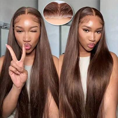 VIOLLY 【半头真人发假发】女士即戴即走无胶假发，12英寸直发自然黑色波波头假发，带婴儿发，5x5预剪蕾丝闭合假发，巧克力棕色假发，自然发际线，预漂白，透气|轻盈|不刺激，8-34英寸，女士礼物之选