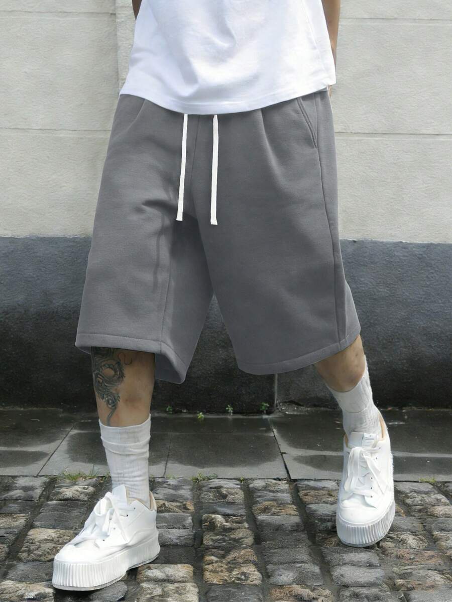 Mens Oversize Sweat Shorts - Cotton Blend French Terry Fabric Relaxed Oversize Fit | Spring Breathable Cozy Comfort For Daily Streetwear & Casual Hangouts (Modern Minimalist Street Style) - 深灰色 - 查看 1