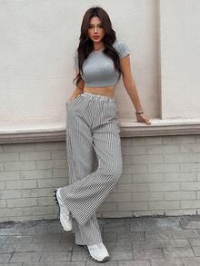 EARO 时尚女士休闲条纹阔腿裤，松紧腰带，无弹力面料，时尚优雅百搭 - 黑與白 - 查看 6