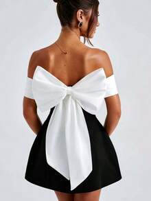 SUNSTORY 女士性感露肩黑白撞色优雅露背蝴蝶连衣裙，适合派对、音乐节、嘉年华、婚礼、约会、海滩度假、节日等场合。 - 黑色 - 查看 6