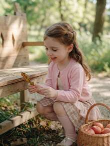 女童甜美镂空短款针织开衫，轻薄春夏空调披肩 - 粉色 - 查看 2