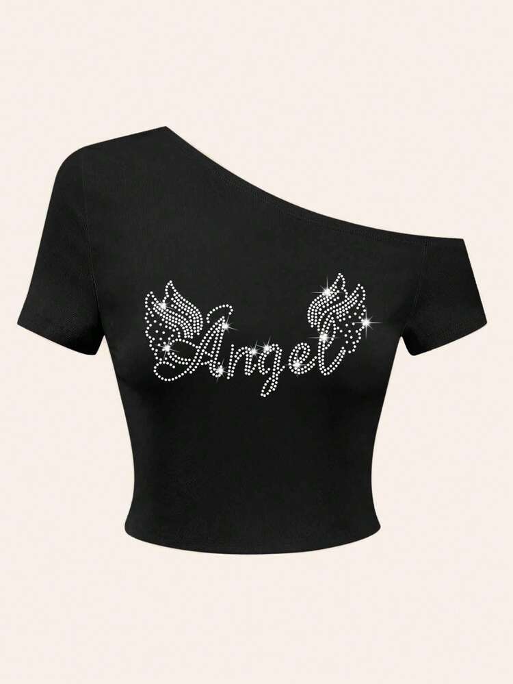 DEAR MOLLY 天使水钻图案不对称肩部T恤，闪亮翅膀图案露脐上衣，性感不对称肩部休闲装 - 黑色 - 查看 2