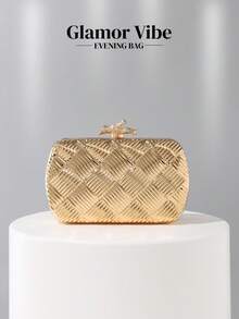 魅力四射的金色菱形编织纹理硬壳手拿包，时尚树枝锁扣，派对手提包，情人节礼物，配有金属链条肩带，可斜挎或单肩背，适合派对、宴会、婚礼、舞会、庆典、新娘、伴娘、正式场合穿着。 - 金色 - 查看 2
