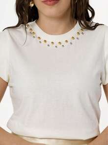 Cotton T-Shirt Blouse With Application Of Various Pearls - Various Colors - 奶油色 - 查看 10