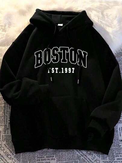 Moletom Masculino Canguru Preto Com Estampa Boston 1997 Com Capuz E Bolso Flanelado Moda Inverno Streetwear Lançamento