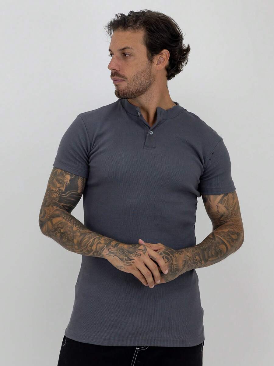 Men's Basic Short-Sleeve Ribbed T-Shirt With Buttons At The Collar - Gris plomo - Ver 1