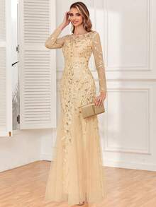 Đầm dạ hội dài tay phối sequin và lưới tương phản, dáng ôm thanh lịch mùa xuân/hè, chân váy đuôi cá màu vàng, đầm dự tiệc, đầm dành cho mẹ cô dâu, đầm dự đám cưới, đầm tốt nghiệp, đầm dự tiệc tối, đầm sinh nhật cho nữ. - Vàng - Xem 1