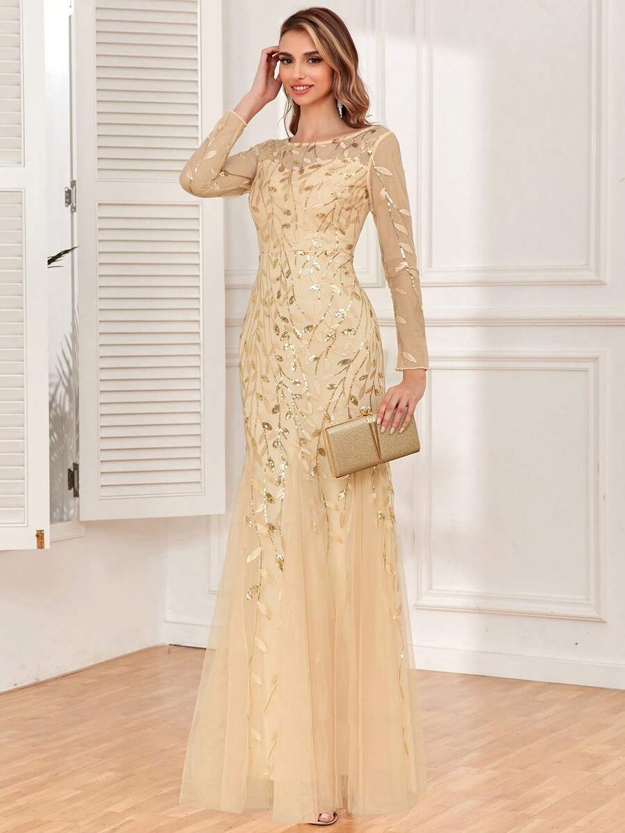 Đầm dạ hội dài tay phối sequin và lưới tương phản, dáng ôm thanh lịch mùa xuân/hè, chân váy đuôi cá màu vàng, đầm dự tiệc, đầm dành cho mẹ cô dâu, đầm dự đám cưới, đầm tốt nghiệp, đầm dự tiệc tối, đầm sinh nhật cho nữ. - Vàng - Xem 1