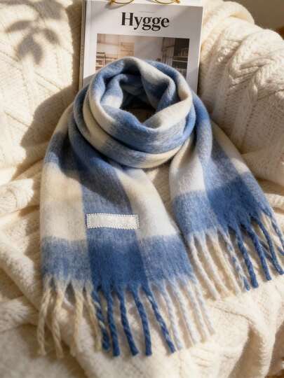 Moemton Premium Woven Scarf, Fashionable And Luxurious, High-Quality Plaid Pattern Tassel Scarf For Women, Soft And Warm Knitted Scarf, Ideal Choice For Autumn And Winter