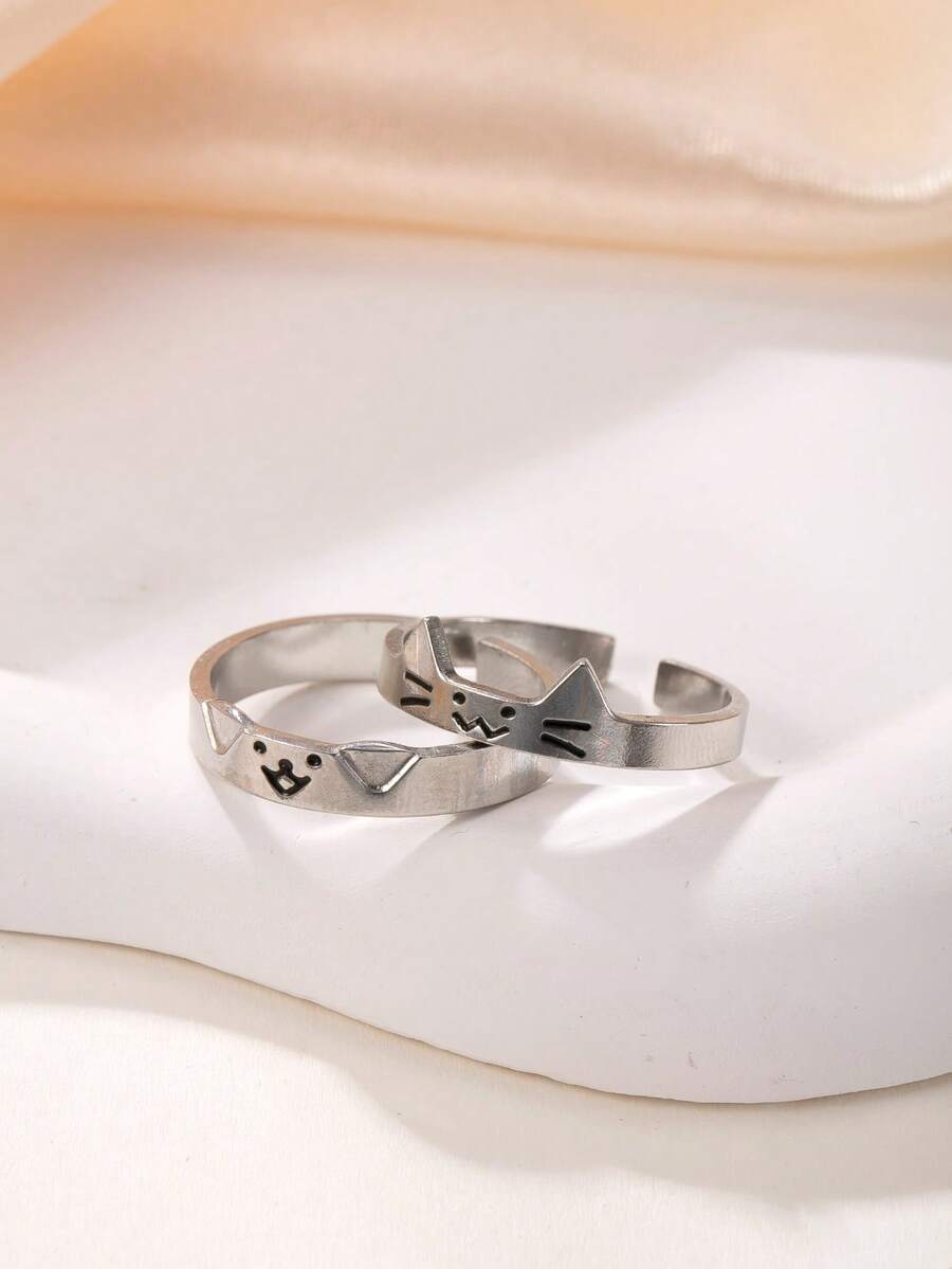 2件套304不锈钢可调节开口戒指，黑色树脂装饰，猫狗造型，适合女性日常佩戴或作为礼物 - 銀色 - 查看 1