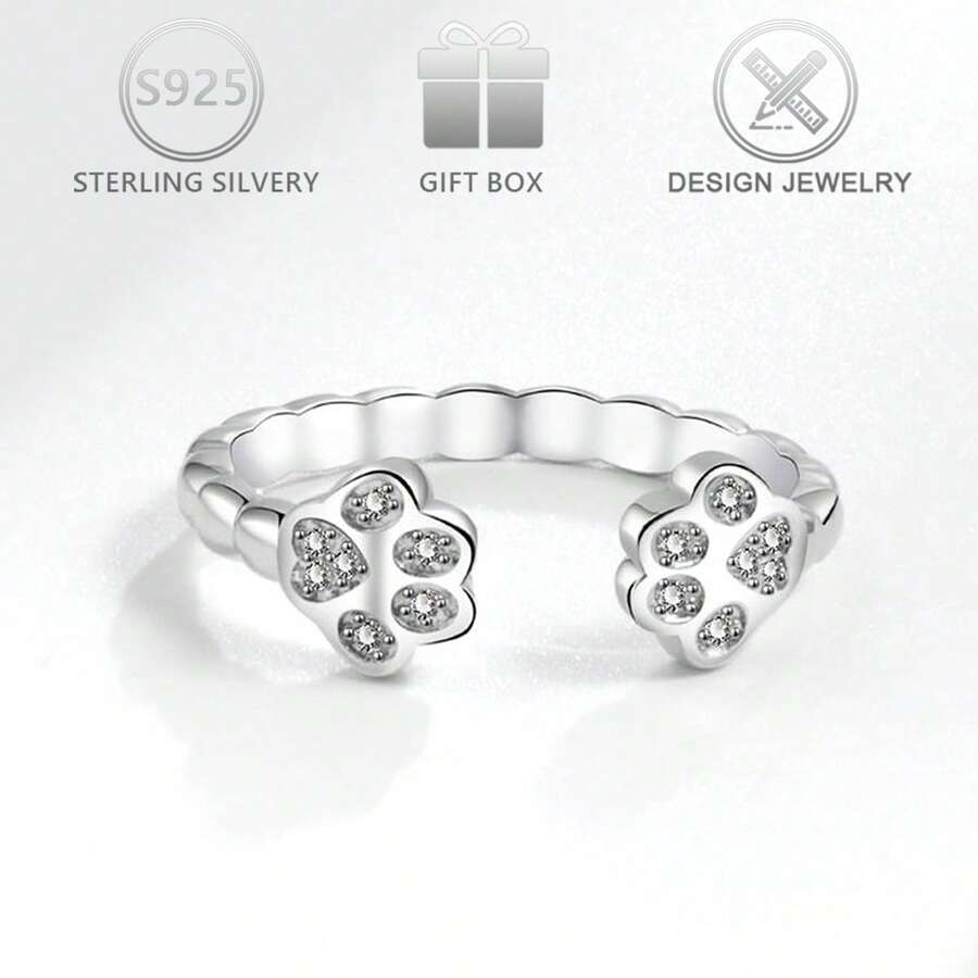 1枚925纯银简约可爱立方氧化锆动物爪印设计开口戒指，适合日常、度假、休闲、派对、节日和生日礼物。 - 銀色 - 查看 1