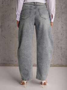 高腰棉质斜插口袋休闲筒状牛仔裤 - 藍色 - 查看 3