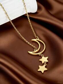 MONALLY 18K Gold Plated Elegant Charm Star & Moon Tassel Pendant Gold Necklace Stainless Steel Collarbone Chain Ladies Jewellery For Valentines Birthday Anniversary Perfect Gift Daily Wear - Yellow Gold - View 2