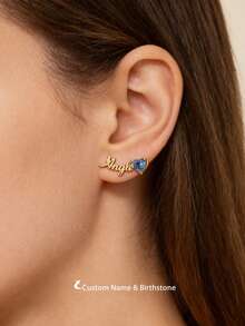 Custom Name Earrings Inlaid Heart-Shaped Birthstone 18K Gold Plated Personized Stainless Steel Stud Earrings Women's Minimalist Valentine's Day Customized Jewelry Gift Daily Wear - Multicolor - View 1