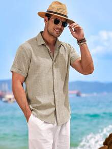 Mens Short Sleeve Linen Shirts Button Down Casual Summer Beach Tops For Daily Commute - Khaki - View 3