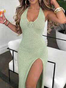 HoloChill Women's Solid Color 3D Floral Slit Sexy Elegant High-End Elegant Fitted Straight Midi Spaghetti Strap Dress, Resort Style Summer Casual 2026 New Arrival - Mint Green - View 1