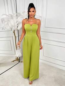 AIJ Amarilo Women's Lime Green Elegant Spaghetti Strap V Neck Button Front Wide Leg Jumpsuit For Summer Vacation Casual - Yellow Green - View 6