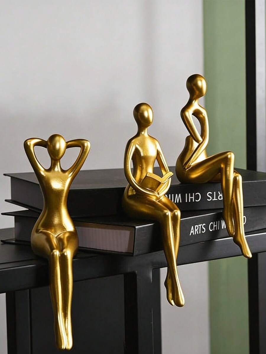 Minimalist Gold Home Decor Thinker Sculpture, Modern Bookshelf Small Sculpture Suitable For Living Room Decor, Resin Abstract Art Collectible, Suitable For Office And Bedroom Desk - Multicolor - View 1