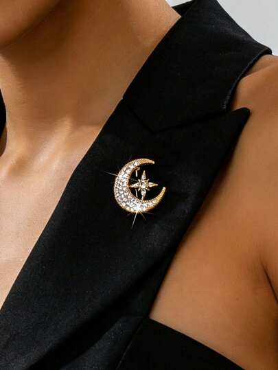 1pc Classic Star & Moon Shaped Faux Crystal Geometric Metal Brooch, Golden Color, Elegant Accessory For Daily Wear, Party, Date, Dress Up, Suitable For Middle Eastern Ladies