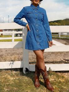 女士西部牛仔衬衫裙，浅色水洗A字迷你连衣裙，纽扣前开襟牛仔节服装 - 中等水洗藍 - 查看 4