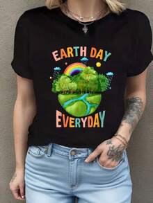 Camisetas de cuello redondo de moda para mujer con concienciación sobre el Día de la Tierra Camiseta de manga corta de algodón de 220 g, impresión por una cara - Negro - Ver 7