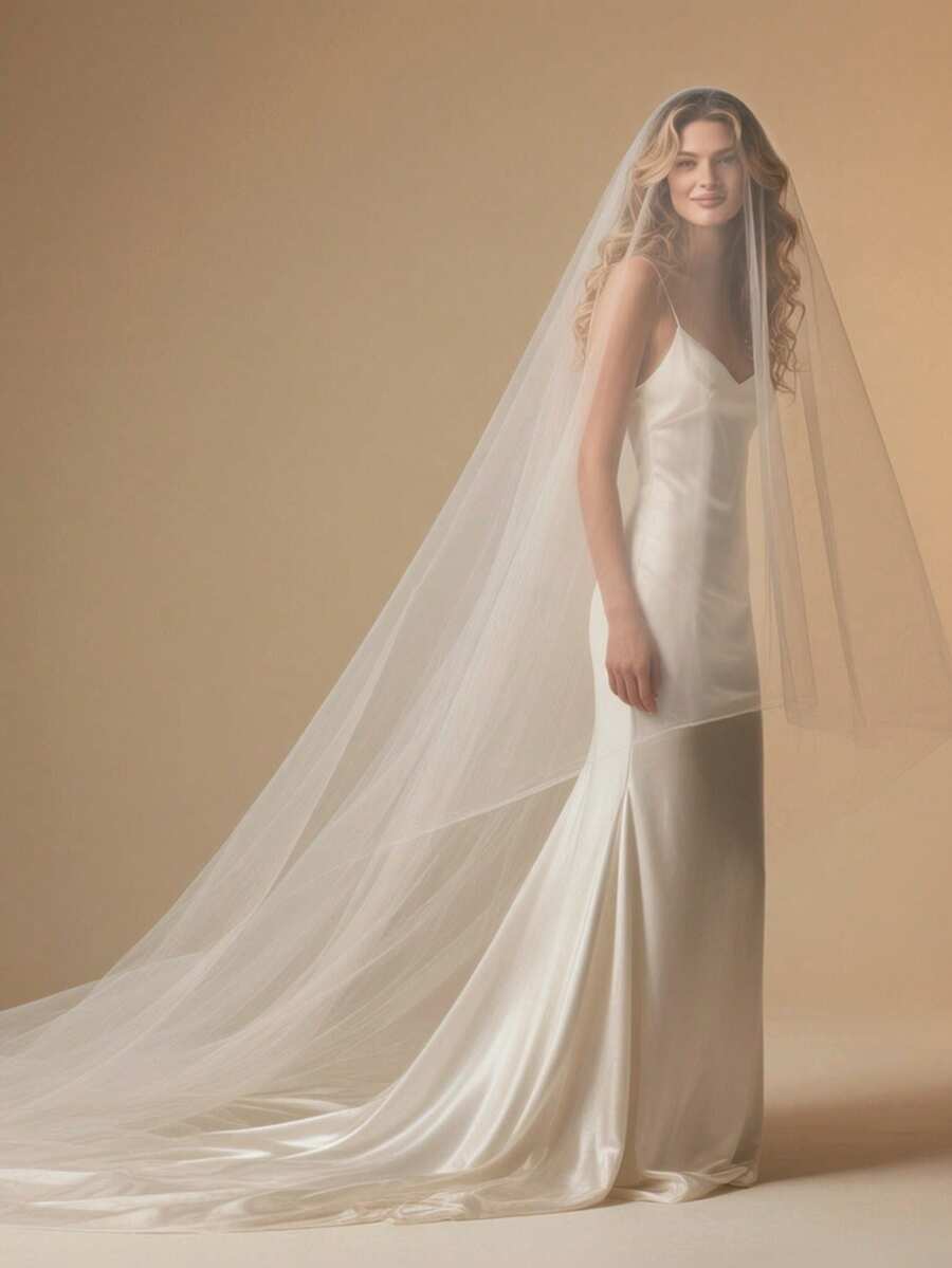 1pc Double-Layer Blusher Bridal Veil, Simple Chiffon Cathedral Length, Suitable For Waltz Wedding, Travel Photography Props, Bridal Accessories With Hair Comb - 彩色 - 查看 1