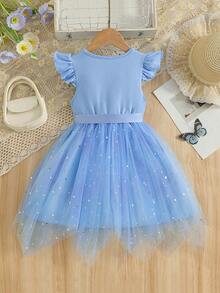 Girls' Round Neck Cap Sleeve Mesh Asymmetric Hem Dress With Belt, Suitable For Outings, Family Gatherings, Parties, And Daily Wear, Spring/Summer - Blue - View 3