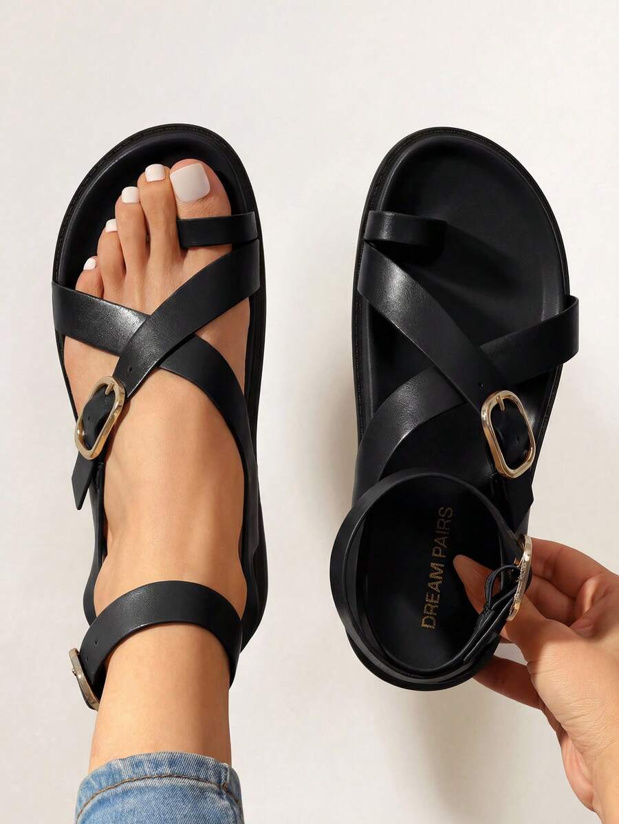 Womens Strappy Sandals Flat Thong Comfortable Footbed PLatform Summer Fashion Vocation Shoes - 黑色 - 查看 1