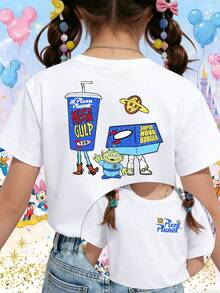 Disney Toy Story Pizza Planet Alien With Mega Gulp & Super Nova Burger Fast Food Printed Pattern T-Shirts For Girls - Children's Clothing Design Short-Sleeved Casual And Cute Style Comfortable And Casual Wear All Year Round Suitable For Parties And Play Machine Washable Gift Children's Clothing Girls' Short-Sleeved Shirts - 白色 - 查看 1