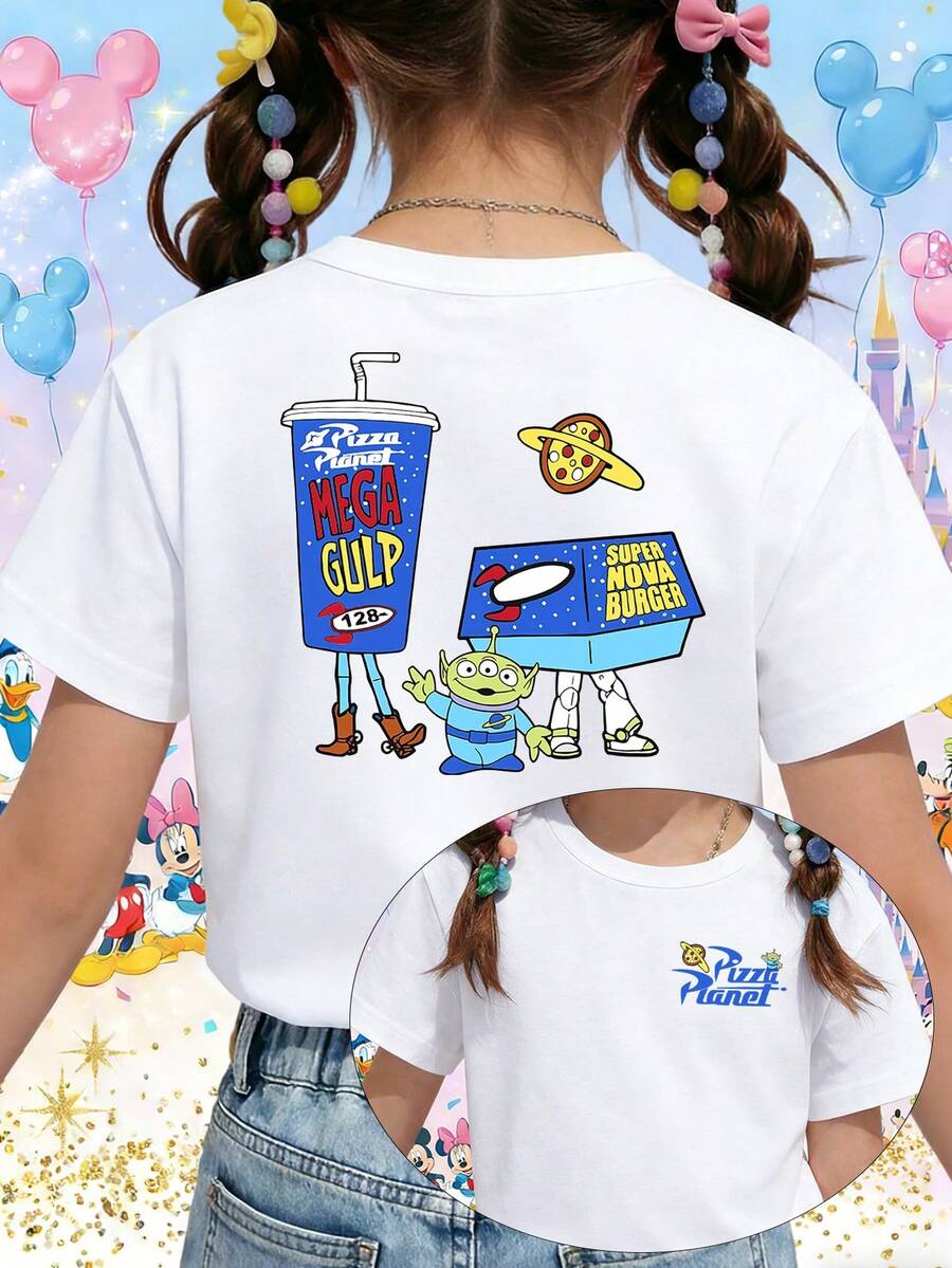 Disney Toy Story Pizza Planet Alien With Mega Gulp & Super Nova Burger Fast Food Printed Pattern T-Shirts For Girls - Children's Clothing Design Short-Sleeved Casual And Cute Style Comfortable And Casual Wear All Year Round Suitable For Parties And Play Machine Washable Gift Children's Clothing Girls' Short-Sleeved Shirts - 白色 - 查看 1