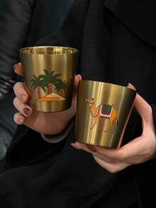 BENNY 170 ml (5,7 oz) Tasse à café arabe de luxe en or avec chameau, double paroi en acier inoxydable, cadeau de festival avec design coloré de chameau et palmier, style de Dubaï, décoration d'intérieur du Moyen-Orient, Saint-Valentin, Noël, cadeau pour lui/elle - chameau - Voir 6