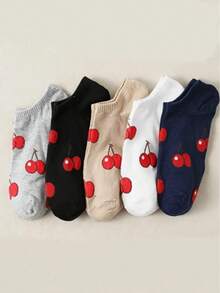 5双装女士水果图案休闲船袜，适合日常穿着 - 彩色 - 查看 2