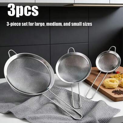 3pcs Stainless Steel Mesh Filters - Large/Medium/Small, Milk Froth Strainer, Egg White Separator, Coffee Filter Spoon, Flour Sifter, Spice Powder Sieve, Tea Leaf Strainer, Coarse Salt Shaker, Kitchen Gadgets, Baking Tools, Household Gifts, Great For Women
