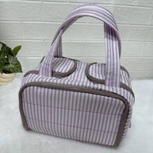 Checkered Toiletry Bag For Women,Large Capacity Waterproof Makeup Bag,Multi-Partitions Plaid Cosmetic Organizer,Wide-Open Travel Handbag - 條紋-暗粉紅色 - 查看 5