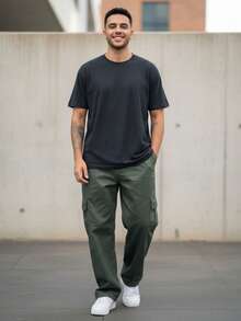 Men's Green Cargo Pants With Drawstring Waist And Slight Stretch, Unisex Long, Loose-Fitting, Casual Streetwear Skate Pants. - 墨綠色 - 查看 4