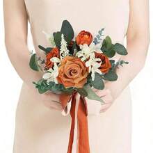 1件秋季婚礼伴娘捧花，海军蓝和焦橙色系伴娘捧花 - 彩色 - 查看 8
