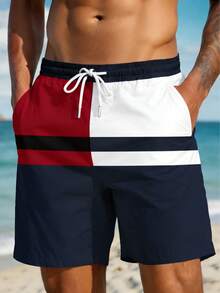 Plus Size Men's Summer Printed Pattern Drawstring Waist Slant Pocket Hawaiian Quick-Dry Single-Layer Unlined Shorts, Contrast Color 3D Artistic Print Fashion Casual Beach Holiday Bermuda Shorts - Multicolor - View 2