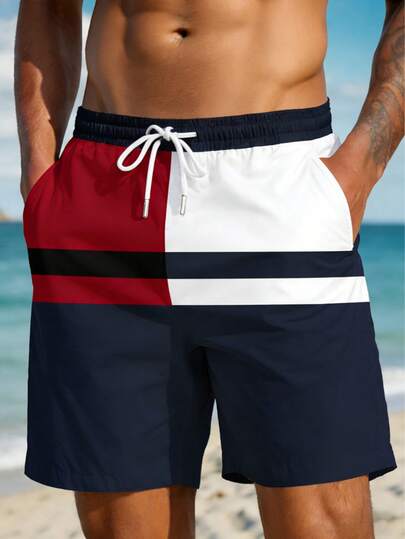 加大码男士夏季印花抽绳腰斜插口袋夏威夷风速干单层无衬里短裤，撞色3D艺术印花时尚休闲沙滩度假百慕大短裤