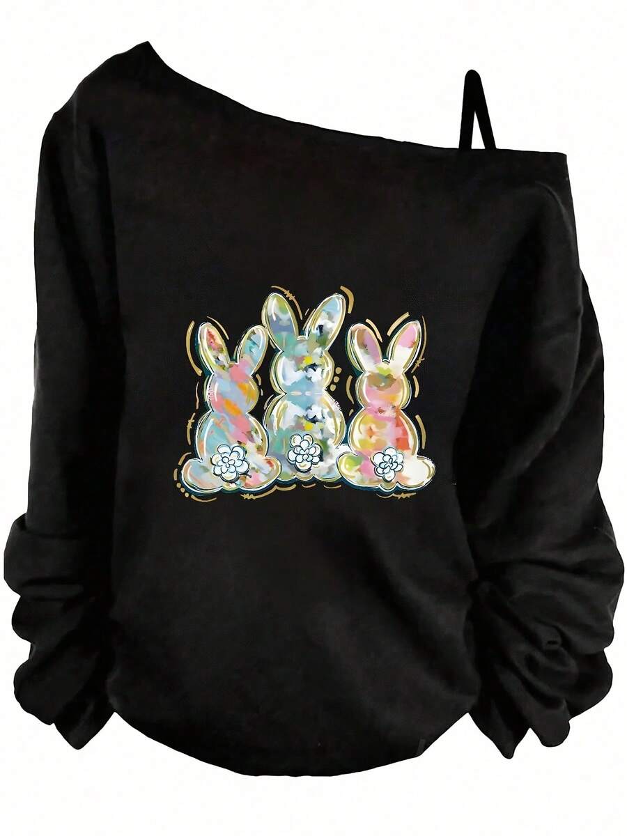2026 New Model Black Off - The - Shoulder Long Sleeve Sweatshirt With Ruched Cuffs, Watercolor Bunny Figures In Pastel Hues (Pink, Blue, Yellow) With White Inner Ears & Decorative Flowers - Playful Easter Theme Casual Pullover Top Christian Believers In Easter Attire - 黑色 - 查看 1