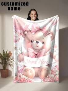 1pc Customizable Teddy Bear Themed Blanket, Watercolor Painting Style With Cute Pink Bear, Bow, Rose And Floral Elements, Made Of Knitted Flannel Fabric With Digital Printing, Comfortable And Warm For All Seasons, Suitable For Sofa, Bed, Travel, Camping, Office - Easy Care, Great For Resting, Camping And Travel - 彩色 - 查看 1
