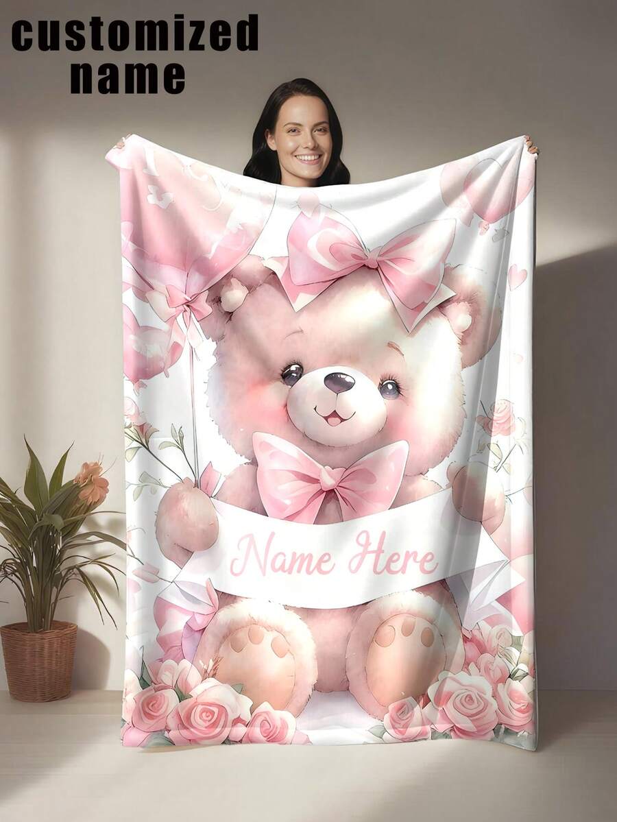 1pc Customizable Teddy Bear Themed Blanket, Watercolor Painting Style With Cute Pink Bear, Bow, Rose And Floral Elements, Made Of Knitted Flannel Fabric With Digital Printing, Comfortable And Warm For All Seasons, Suitable For Sofa, Bed, Travel, Camping, Office - Easy Care, Great For Resting, Camping And Travel - 彩色 - 查看 1