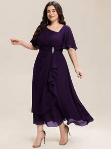 EVERPRETTY Gaun Bridesmaid Chiffon Ungu Elegan Ukuran Plus, Dekorasi Berlian, Hem Asimetris Berlipit Lembut, Cocok Untuk Pernikahan, Acara Malam Formal - Purple - View 4