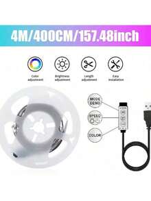 1卷RGB LED灯带，USB供电即插即用，自带背胶，安装简便，无需遥控器，可通过数据线上的按钮切换颜色和模式，适用于桌面、电视、电脑背景、节日派对、家居装饰等，多功能氛围灯带，建议1米至5米长度，可自由裁剪以适应不同场景，打造多彩温馨的个性化照明空间！ - USB-三鍵控制器 - 查看 13