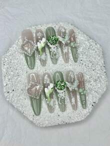 10片装优雅奢华祖母绿法式手工按压式美甲贴片，3D钻石蝴蝶花朵珍珠假指甲，猫眼杏仁美甲美甲用品（1张果冻贴纸+1把指甲锉） - 綠色 - 查看 12